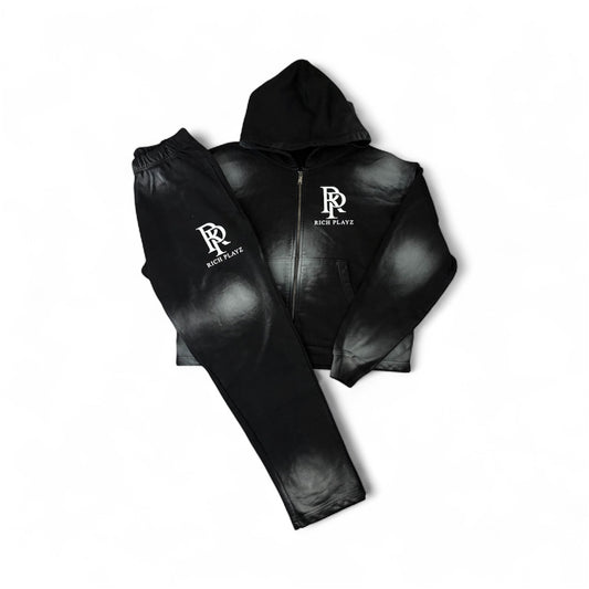 SUN-DRIED ZIP UP AND SWEATPANTS SET - Black